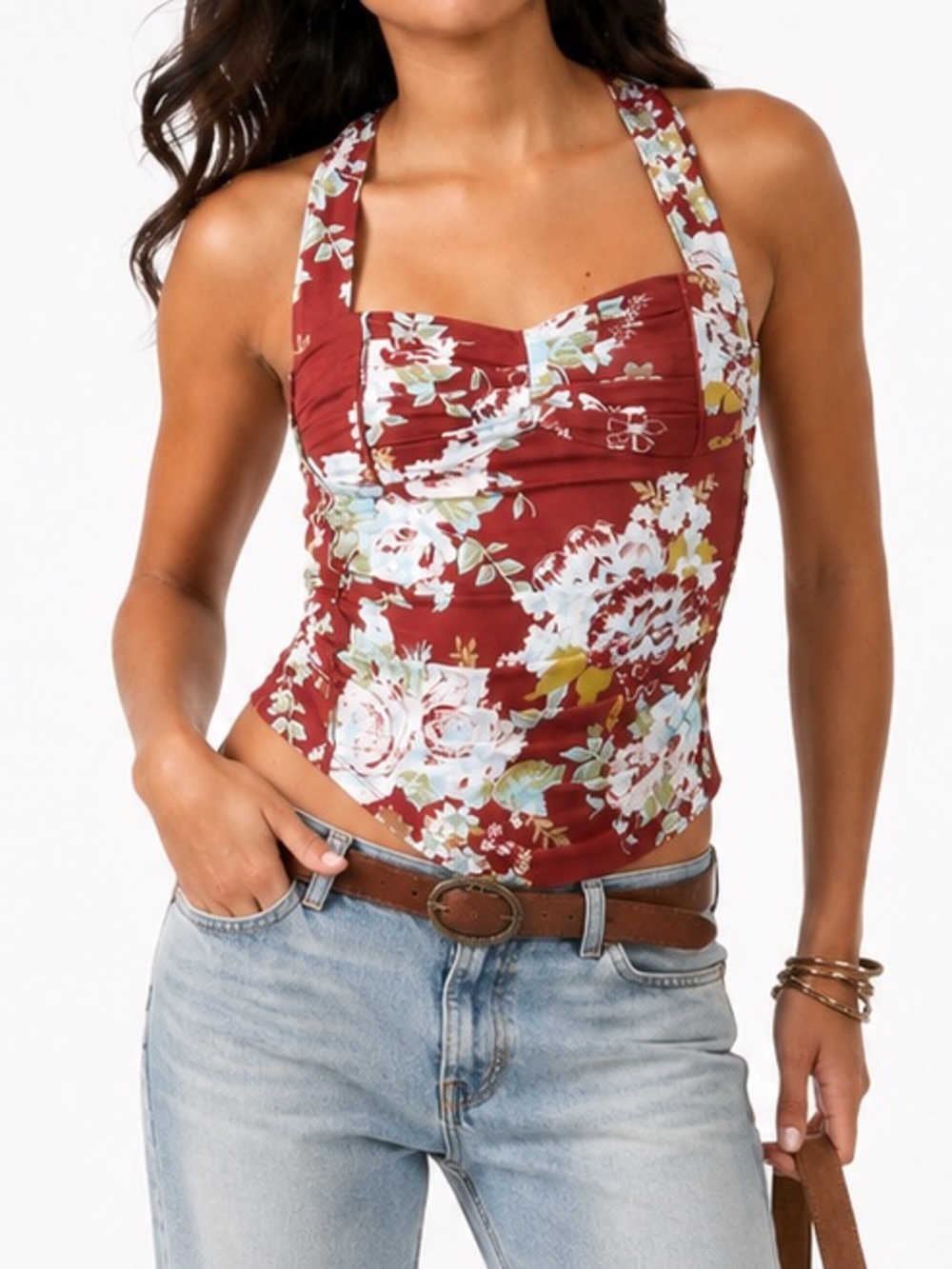 FREE PEOPLE Ginger Snap Top - Size XS - Brown Floral Corset Ruched Crop - NWT